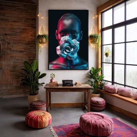 Quadro Canvas Mulher Furta-Cor Rosa 90x60cm Mold Preta