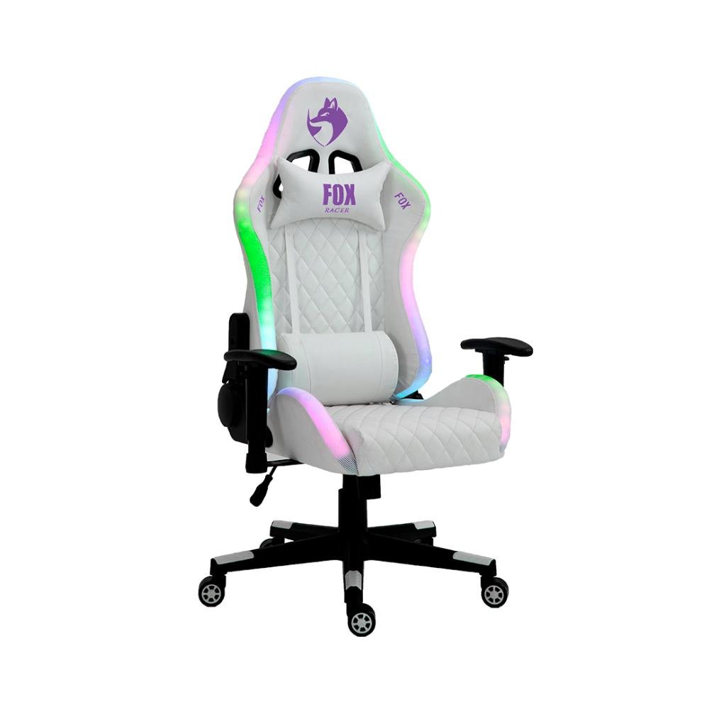 Cadeira Gamer FOX Racer RGB Branca com Iluminação (Led) - Logo Roxa