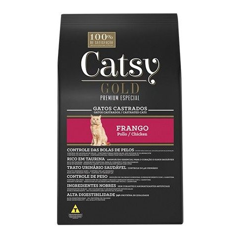 Ração Catsy Gold Premium para Gatos Adultos Castrados Sabor Frango em Embalagem 10,1kg