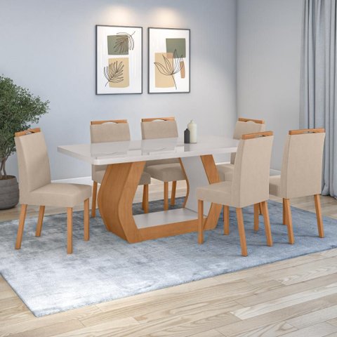 Conjunto Sala de Jantar Mesa Easy Tower 170x90cm Mdf/vidro com 6 Cadeiras Aurea Veludo Creme Amendoa