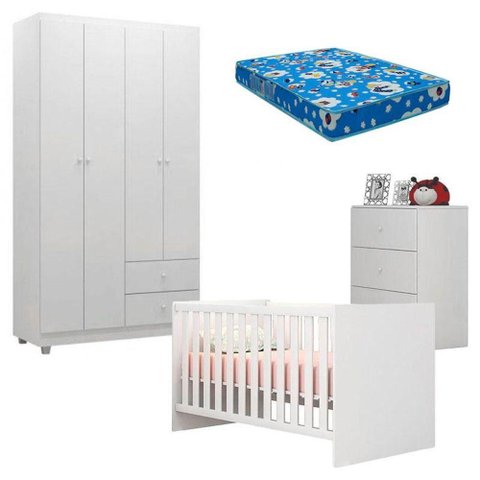 Quarto de Bebê Louise 4 Portas com Berço Doce Sonho 100 Branco Brilho e Colchão - Ajl