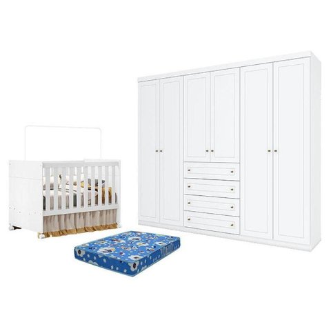 Kit Berço Guarda-Roupa Katatau 6 Portas 4 Gavetas MDF Branco Móveis Henn