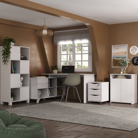 Kit 4 Peças com Escrivaninha em L Gold, Gaveteiro, Balcão para Escritório e Estante Livreiro