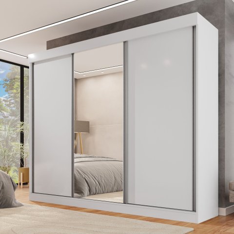 Guarda Roupa Casal 3 Portas de Correr com Espelho Central 6 Gavetas Garibaldi 100% MDF Branco/Neve