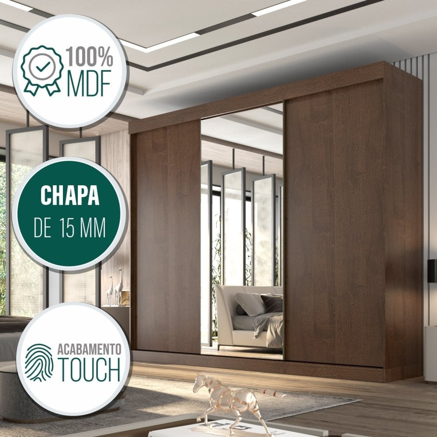 Guarda Roupa Casal 3 Portas de Correr com Espelho Central 6 Gavetas Garibaldi 100% MDF - 6