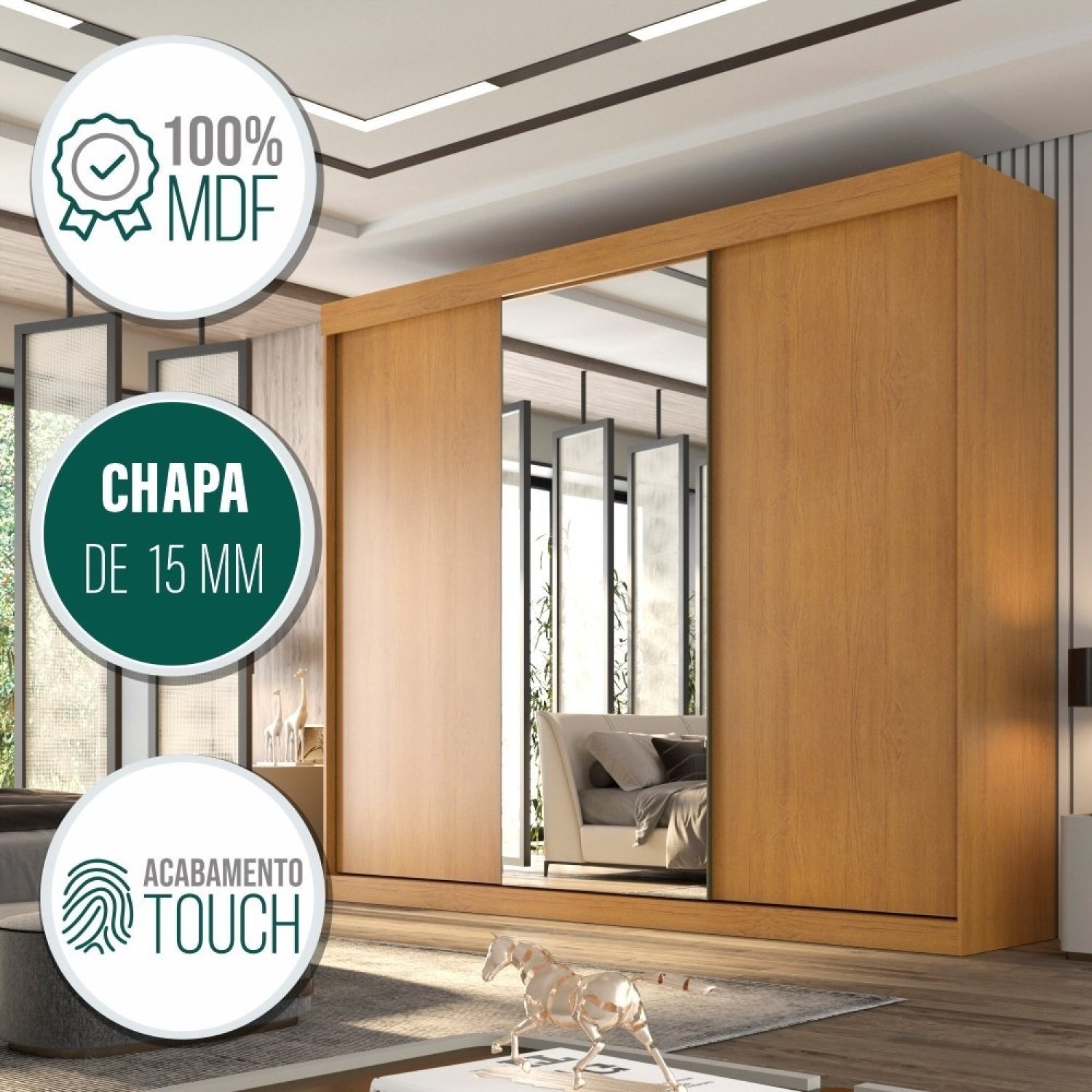 Guarda Roupa Casal 3 Portas de Correr com Espelho Central 6 Gavetas Garibaldi 100% MDF - 6