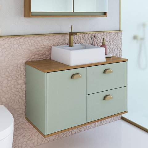Gabinete de Banheiro 100% MDF 1 Porta e 2 Gavetas com Cuba Lívia 80cm Yescasa Verde/Freijó/Moscatel