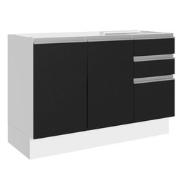 Balcão Gabinete de Pia Armário de Cozinha 100% MDF 120 cm 3 Portas 2 Gavetas Branco/Preto Acordes Madesa - 2
