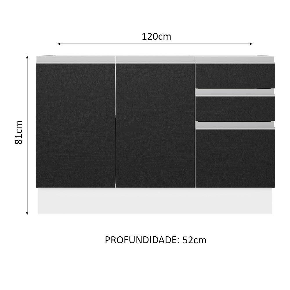 Balcão Gabinete de Pia Armário de Cozinha 100% MDF 120 cm 3 Portas 2 Gavetas Branco/Preto Acordes Madesa - 3