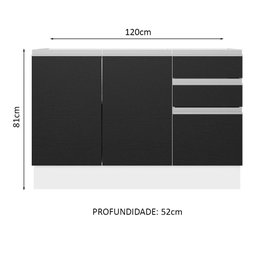 Balcão Gabinete de Pia Armário de Cozinha 100% MDF 120 cm 3 Portas 2 Gavetas Branco/Preto Acordes Madesa - 3