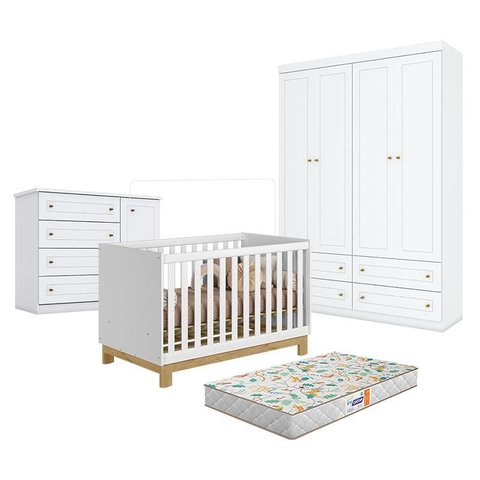 Quarto de Bebê Americano 4 Portas Com berço Americano Mini Cama Q Encanto Slim Branco Acetinado - Qm
