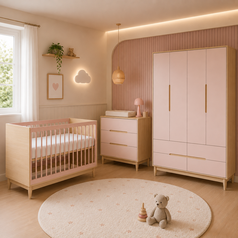 Berço Cômoda e Guarda Roupa Rosa 4 Portas para Quarto de Bebê Linha Tomi Quater