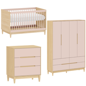 Berço Cômoda e Guarda Roupa Rosa 4 Portas para Quarto de Bebê Linha Tomi Quater