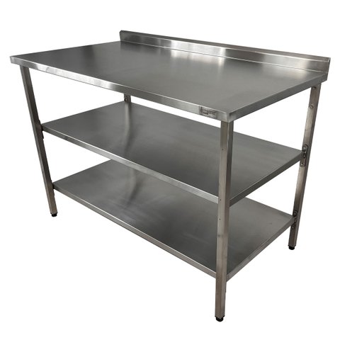 Mesa de Aço Inox Industrial 110x60x90 Cm com 2 Prateleiras Plano Liso com Espelho Nortinox Stander