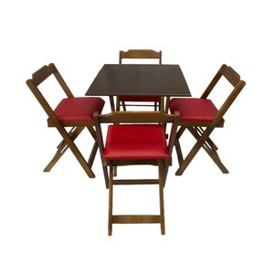 Conjunto Dobrável 70x70 Imbuia com 4 Cadeiras Estofada Vermelho