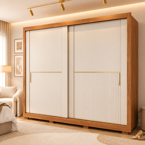 Guarda-Roupa Casal Catarina 2 Portas de Correr 4 Gavetas com Espelhos e Pés 100 MDF Pm Home
