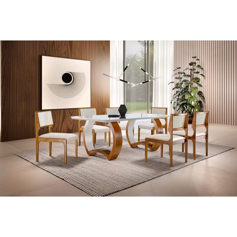 Conjunto de Jantar Mesa com 6 Cadeiras Bari Marrom/Cinamomo/Imbuia/Off White