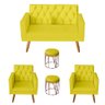 Kit Sofá 2 Lugares e 2 Poltrona para Sala Bianca Capitonê Rodapé e 2 Puff Babu Suede Amarelo - M - 1