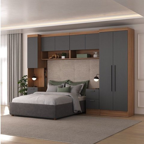 Guarda Roupa Modulado 7 Portas 6 Gavetas 5 Peças Grafite/Nogal Viena