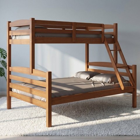 Cama Beliche Casal Solteiro Madeira Pinus Alta Resistência:Castanho Claro
