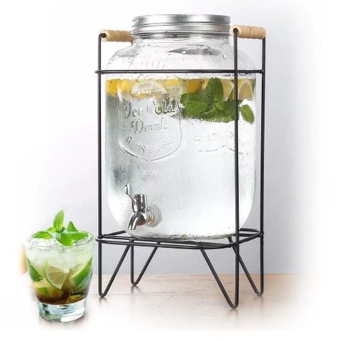 Suqueira de Vidro Grande com Suporte 8 Litros Dispenser Agua Bebidas Retro Refresqueira Premium