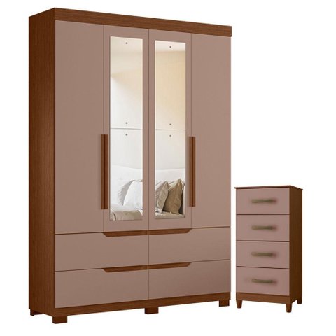 Guarda Roupa Solteiro Doble 04 Portas com Espelho e Cômoda Mobi Nogueira Capuccino - Móveis