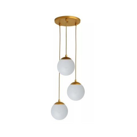 Pendente Moderno Dourado Globo Triplo P/ Sala Espaço Gourmet Arevo Iluminação Jabuticaba VIDRO LEITO