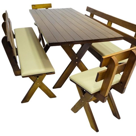Conjunto Mesa Madeira Maciça para Churrasco Imbuia + 4 Bancos Estofados Nude