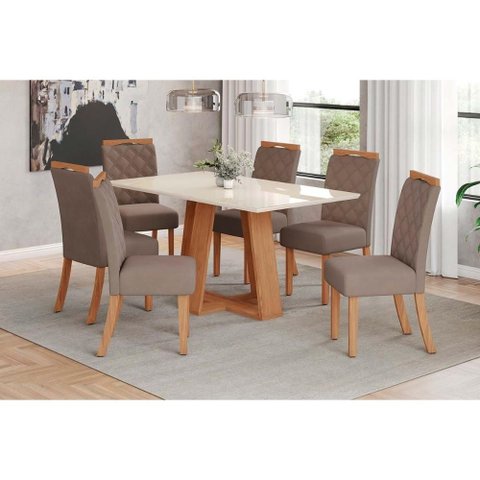 Mesa Cozinha Lins 160 + 6 Cad Bella Nature/Amêndoa Henn