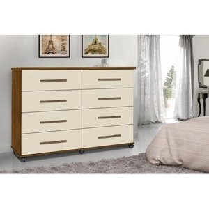 Cômoda 8 Gavetas com Rodízios Jade Mel com Perola Rede Móveis