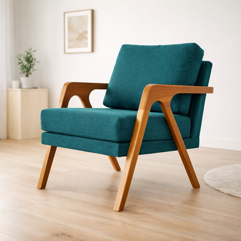 Poltrona Mona Luxo Madeira Maciça Linho Azul para Sala de Estar Decorativa Moderna