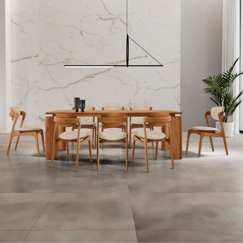 Sala de Jantar Mesa Nala 220cm Tampo Laminado Canto Moeda com 8 Cadeiras Solaris Soft