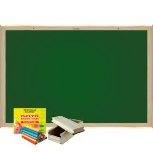 Lousa Quadro Escolar Verde UV Standard 3mm 90x70 cm Moldura de Madeira Pinus Mais Giz e Apagador