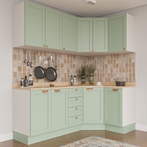 Cozinha Modulada 6 Peças com Tampo 3 Aéreos 6 Portas 3 Balcões Arizona CabeCasa MadeiraOriginals Madeiramadeira Verde/Branco/Menta