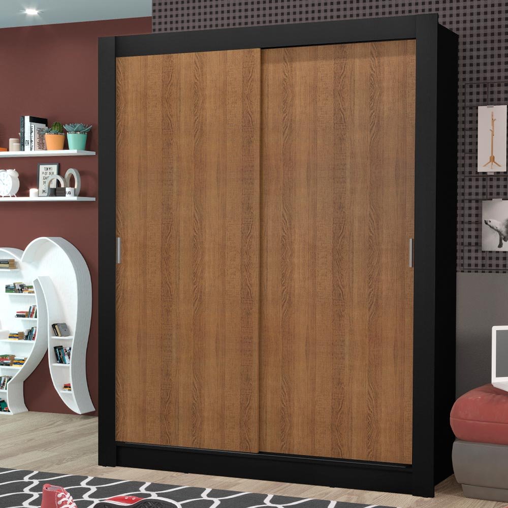 Guarda-Roupa Solteiro Madesa Dallas Plus 2 Portas de Correr 4 Gavetas Preto/Rustic Cor:Preto/Rustic