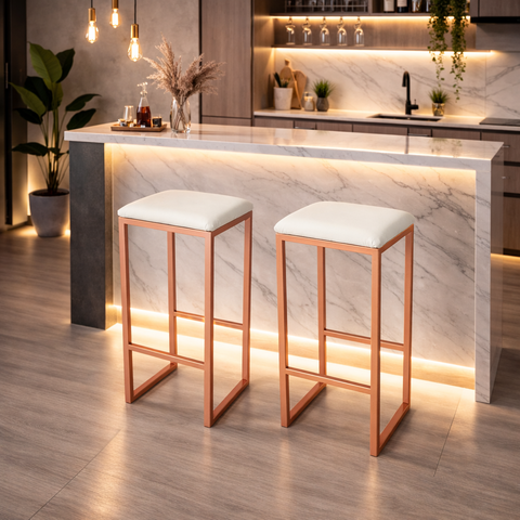Kit 2 Banqueta Alta Industrial sem Encosto Rose Gold P/ Balcão, Bistro, Cozinha Assento Branco