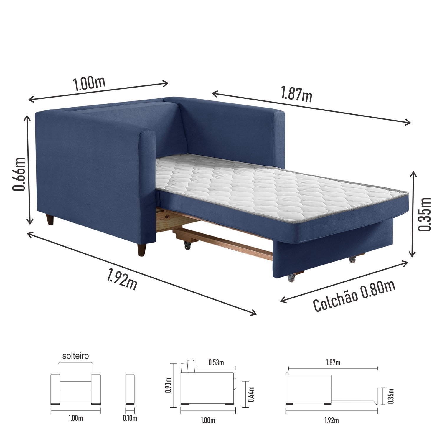 Sofá Cama 1 Lugar Solteiro 80cm Belize - 3