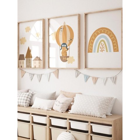Kit 3 Quadros Infantil Animais Safari Quarto Bebê Menino Menina 40x60 Moldura Madeira NO11