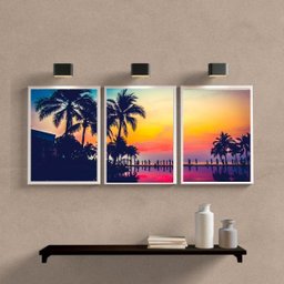 Kit 3 Quadros Praia por do Sol Palmeiras 45x34cm:madeira Preta - 2