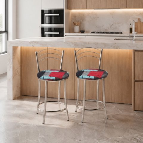 Kit 2 Banquetas Baixas Cromadas com Assento Estofado e Encosto para Bancada Cozinha e Área Gourmet Cinza Cromado/Estampado