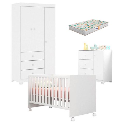 Quarto de Bebê Duda 3 Portas e Berço Americano Mini Cama Doce Sonho 100 Branco Brilho com Colchão Ga