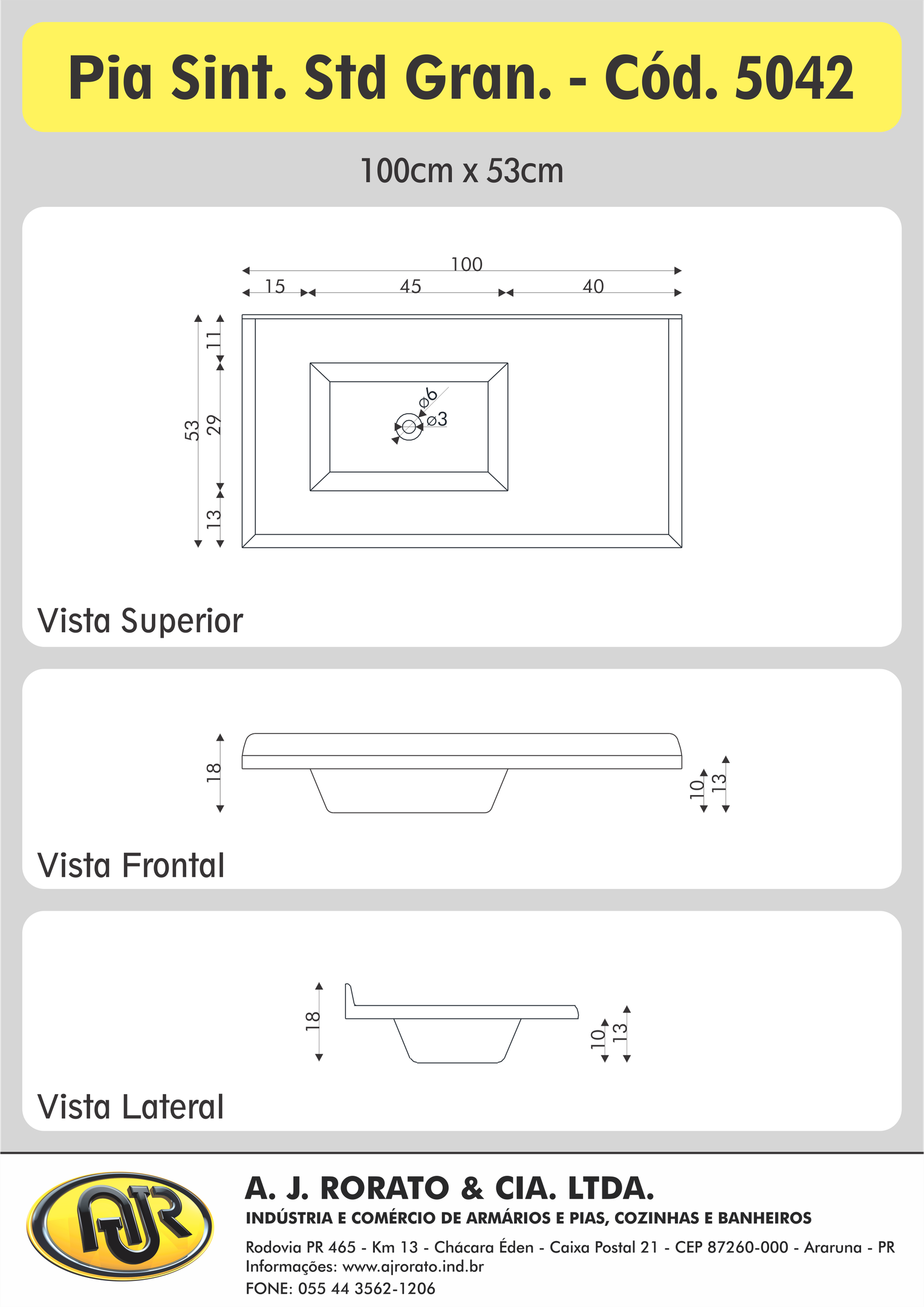 Pia Sintética para Cozinha 100cm x 53cm AJ Rorato - 2