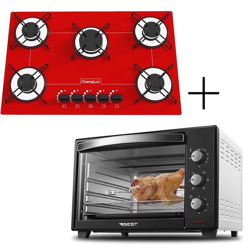 Fogão Cooktop 5 Bocas Vermelho + Forno de Eletrico 48 Plus 220v