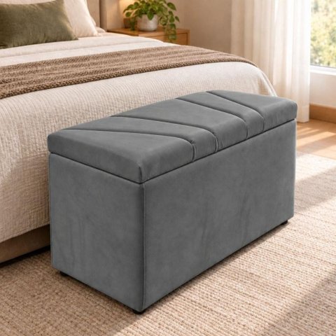 Calcadeira Recamier Baú Estofada 100cm para Cama Solteiro Suede Chumbo