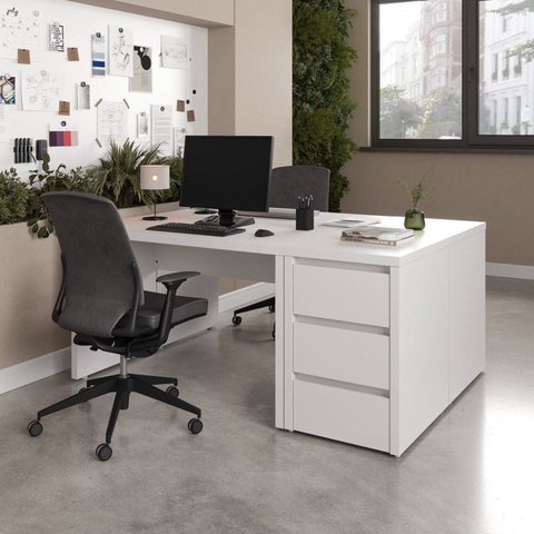 Conjunto Home Office 4 Peças 2 Mesas 2 Gaveteiros Ficus 6 Gavetas 170cm CabeCasa MadeiraOriginals Branco