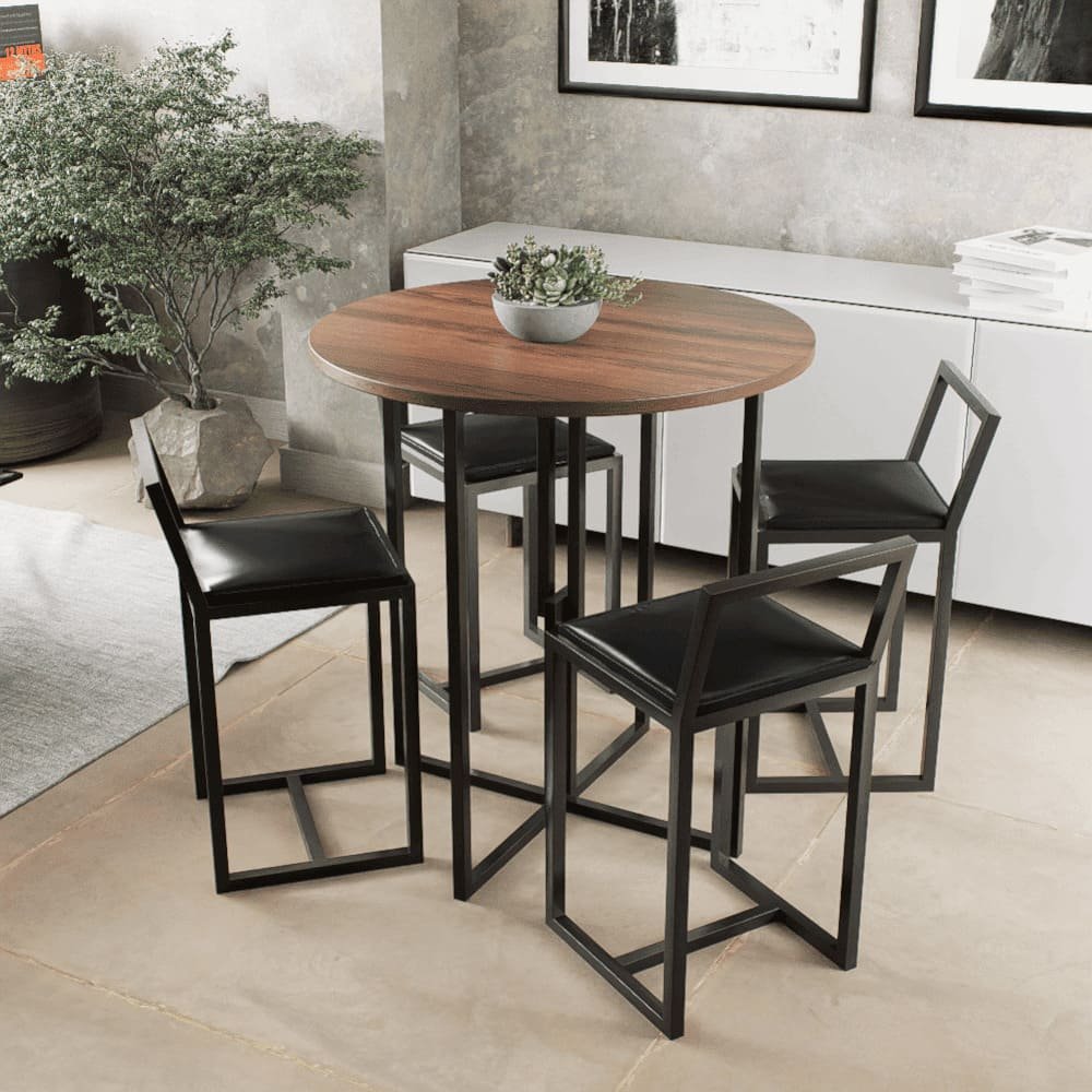 Conjunto Mesa 4 Cadeiras Estofado Tampo Imbuia Redondo Industrial Black