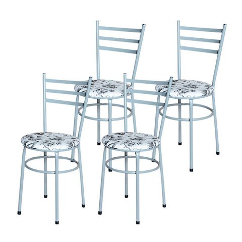 Conjunto 4 Cadeiras Epoxi Cinza para Cozinha Assento Estampado Cor:floral Branco