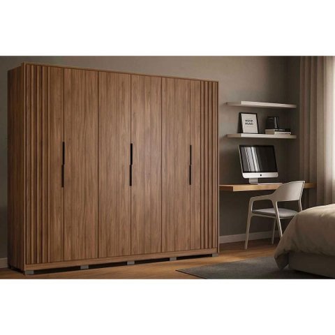Guarda Roupa Casal 6 Portas (2 Ripadas) e 6 Gavetas C/ Pés Atrice Nogueira Touch - Demóbile