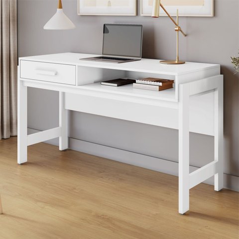Escrivaninha Mesa Escritório Minimalista Liz com Gaveta e Nicho 1,35m Branco