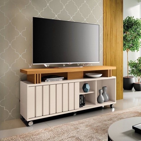 Rack para TV até 60 Polegadas 136cm 1 Porta de Correr Ripado Temis Espresso Móveis
